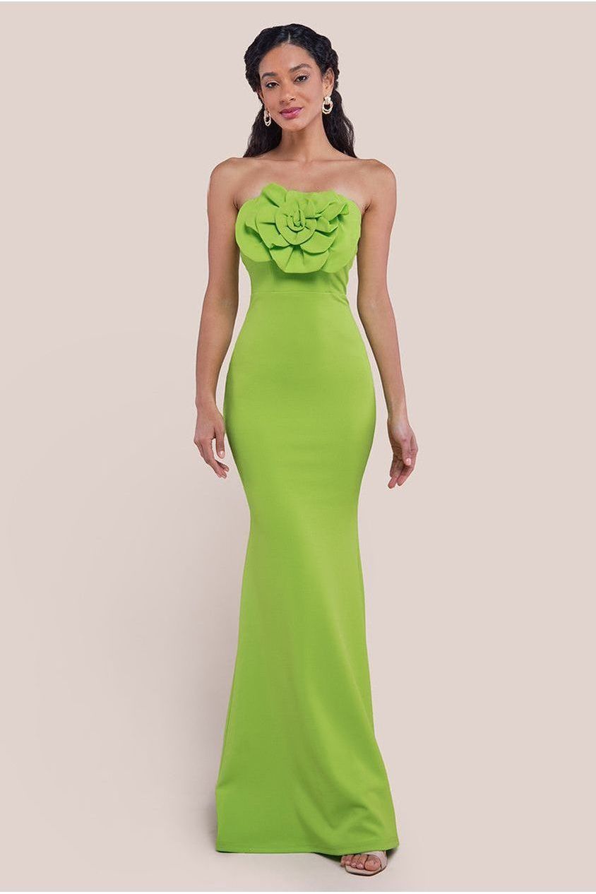 lime green mermaid dress Goddiva Scuba Crepe Bandeau Rose Maxi neon green dress