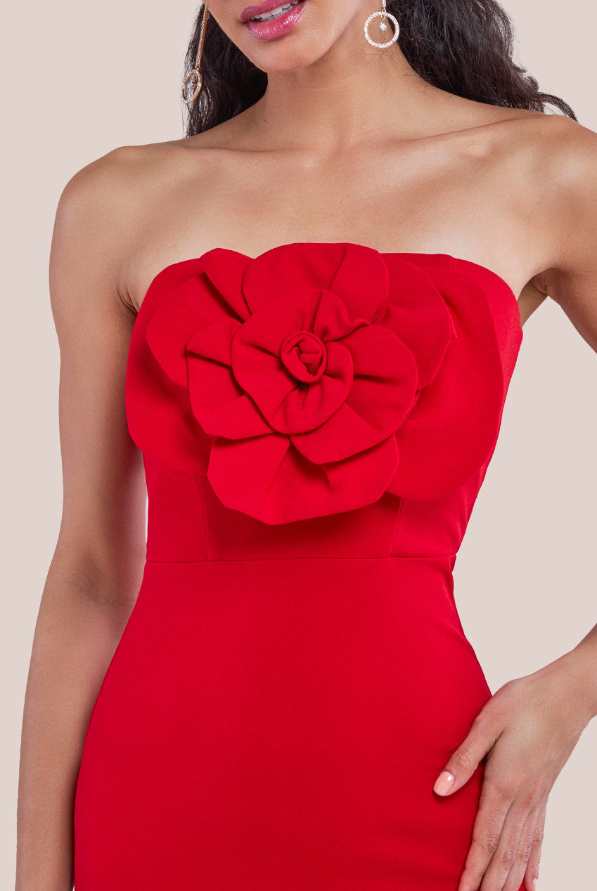 Goddiva Scuba Crepe Bandeau Rose Maxi Dress - Red