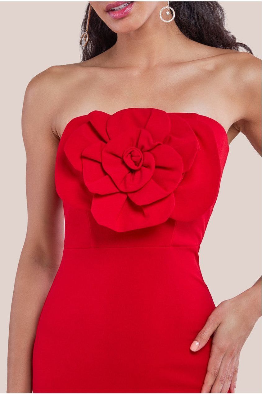 Goddiva Scuba Crepe Bandeau Rose Maxi Dress - Red