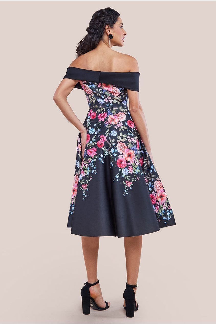 Goddiva Scuba Foam Floral Bardot Midi Dress - Black