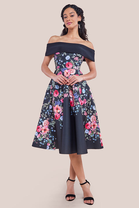 Goddiva Scuba Foam Floral Bardot Midi Dress - Black