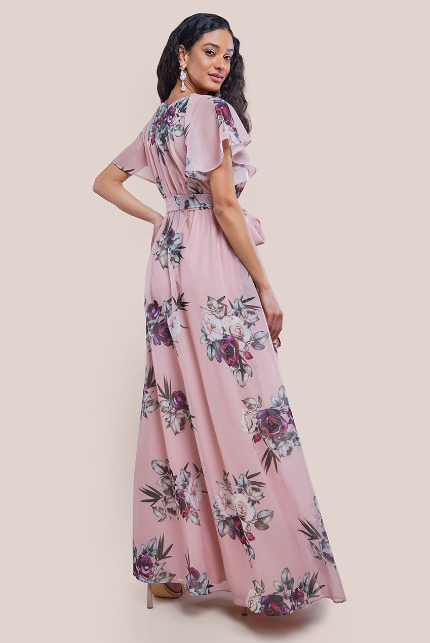 Goddiva Sustainable Printed Flutter Sleeve Maxi Dress - Peach