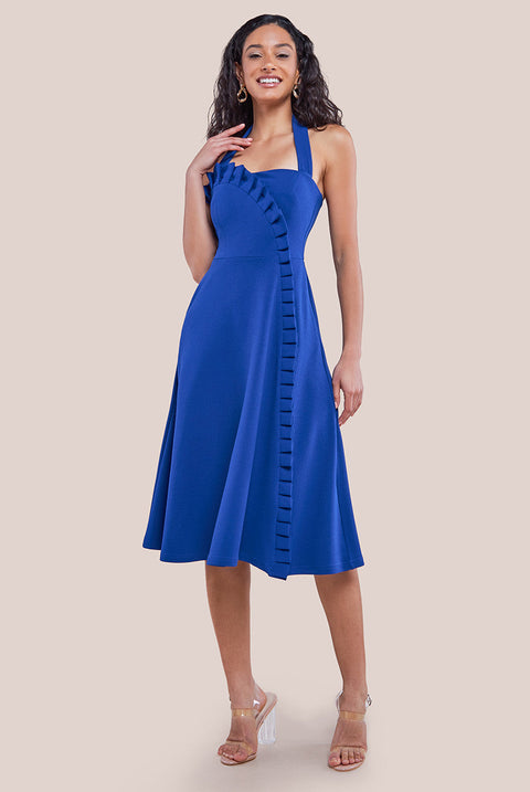 Goddiva Frilled Halter Neck Strap Midi Dress - Royal Blue