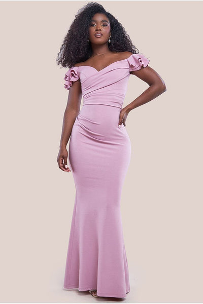 RosePink - Goddiva Frilled Off The Shoulder Scuba Maxi Dress - Rose Pink