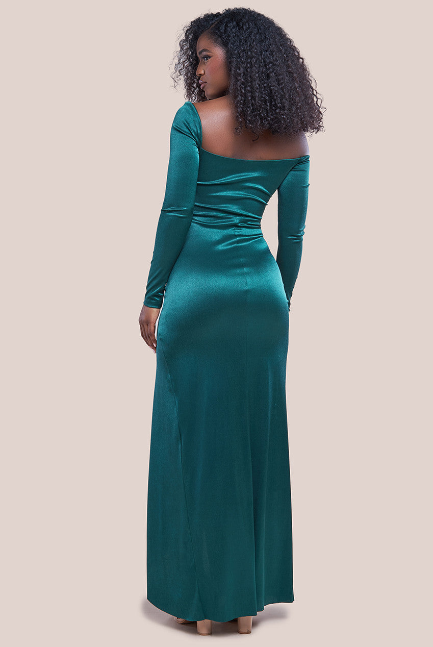 Goddiva Slinky Satin One Shoulder Split Maxi Dress - Emerald Green