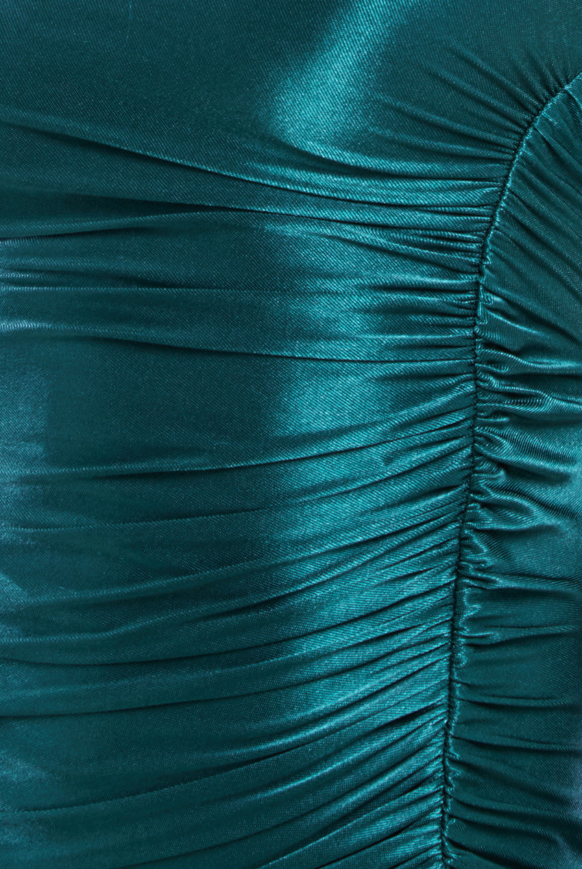 Goddiva Slinky Satin One Shoulder Split Maxi Dress - Emerald Green