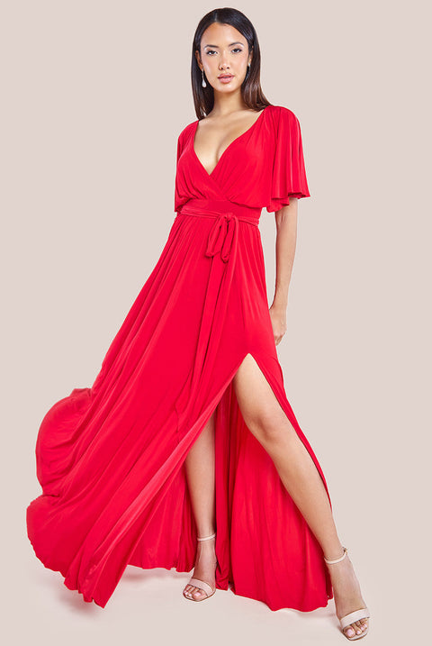 Goddiva Wrap Front Maxi With Flutter Sleeves - Red