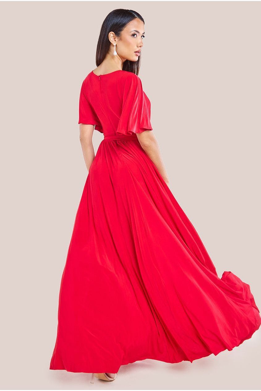 Goddiva Wrap Front Maxi With Flutter Sleeves - Red