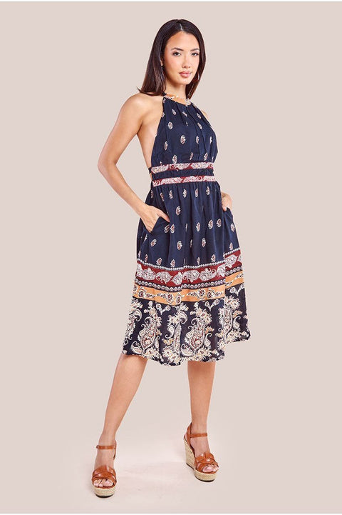 City Goddess Halter Neck Printed Midi Dress - Black