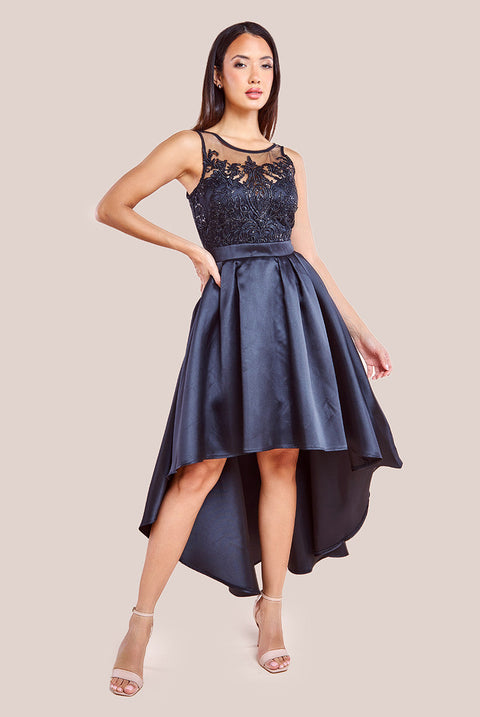 Goddiva Sequin & Satin Dipped Hem Midi Dress - Black