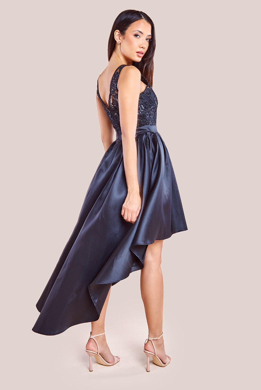 Goddiva Sequin & Satin Dipped Hem Midi Dress - Black