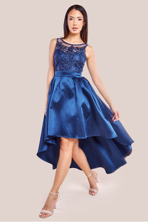 Goddiva Sequin & Satin Dipped Hem Midi Dress - Navy