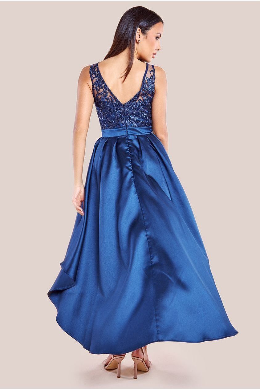 Goddiva Sequin & Satin Dipped Hem Midi Dress - Navy