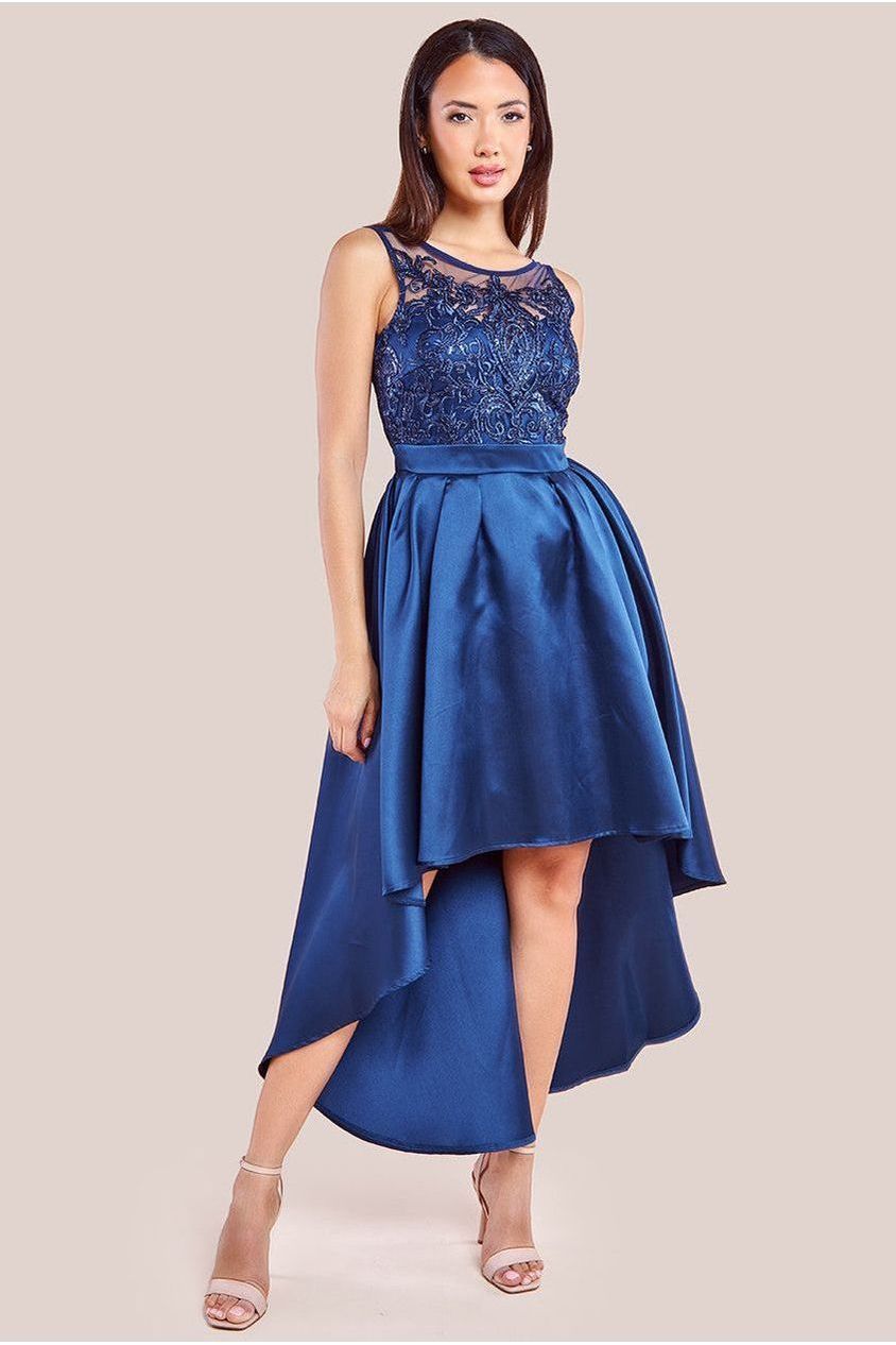Goddiva Sequin & Satin Dipped Hem Midi Dress - Navy