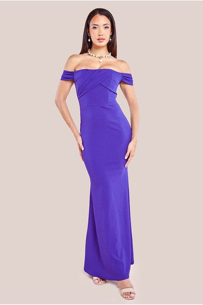Purple - Goddiva Pleated Bardot Scuba Maxi Dress - Purple