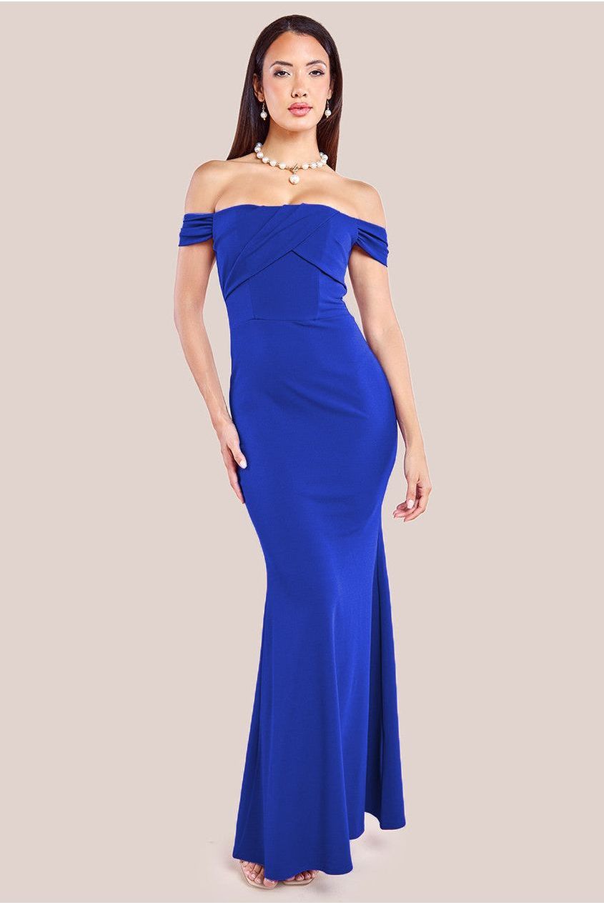 Goddiva Pleated Bardot Scuba Maxi Dress - Royal Blue