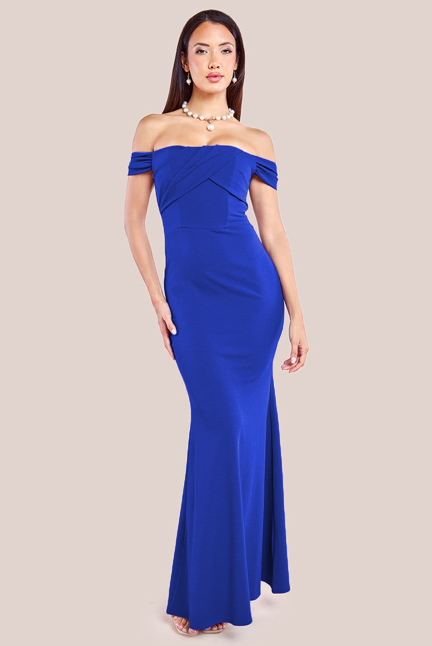 Goddiva Pleated Bardot Scuba Maxi Dress - Royal Blue