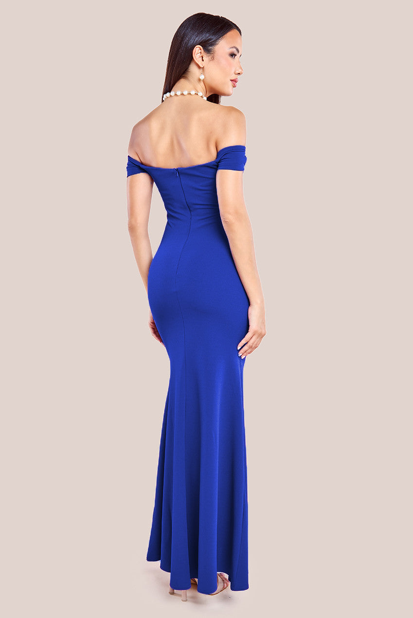 Goddiva Pleated Bardot Scuba Maxi Dress - Royal Blue