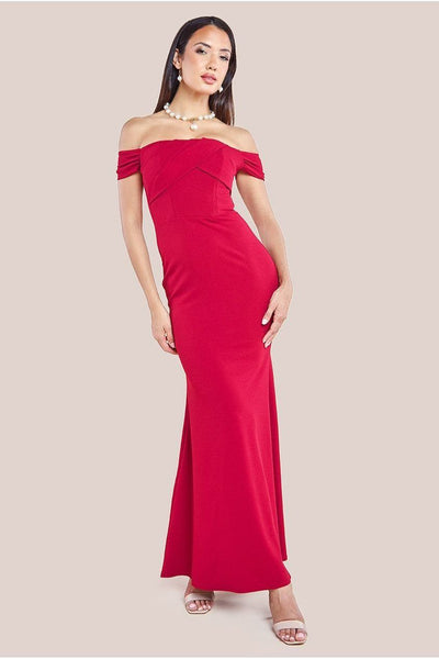 Wine - Goddiva Pleated Bardot Scuba Maxi Dress - Wine