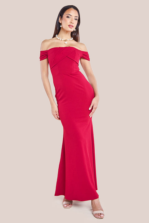 Goddiva Pleated Bardot Scuba Maxi Dress - Wine