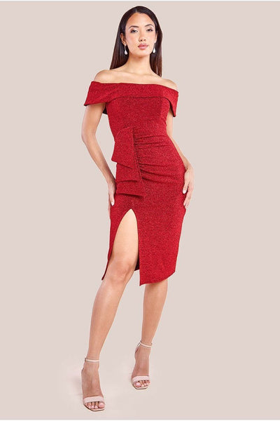 Red - Goddiva Sparkling Bardot Midi With Waterfall Ruffle - Red