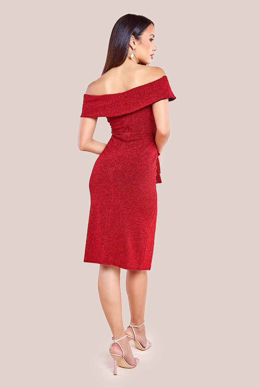 Goddiva Sparkling Bardot Midi With Waterfall Ruffle - Red