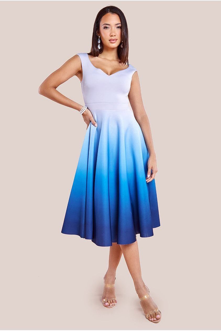 Goddiva Ombre Scuba Foam Bardot A-Line Midi Dress - Light Blue