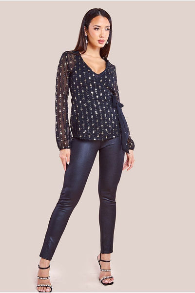 Black - Goddiva Wrap Sequin Top With Cami - Blackgold