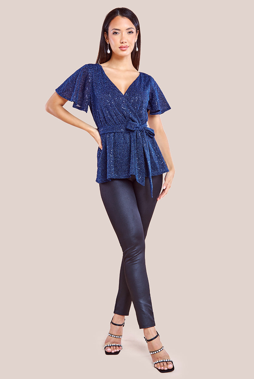 Goddiva Lurex Flutter Sleeve Wrap Top - Navy