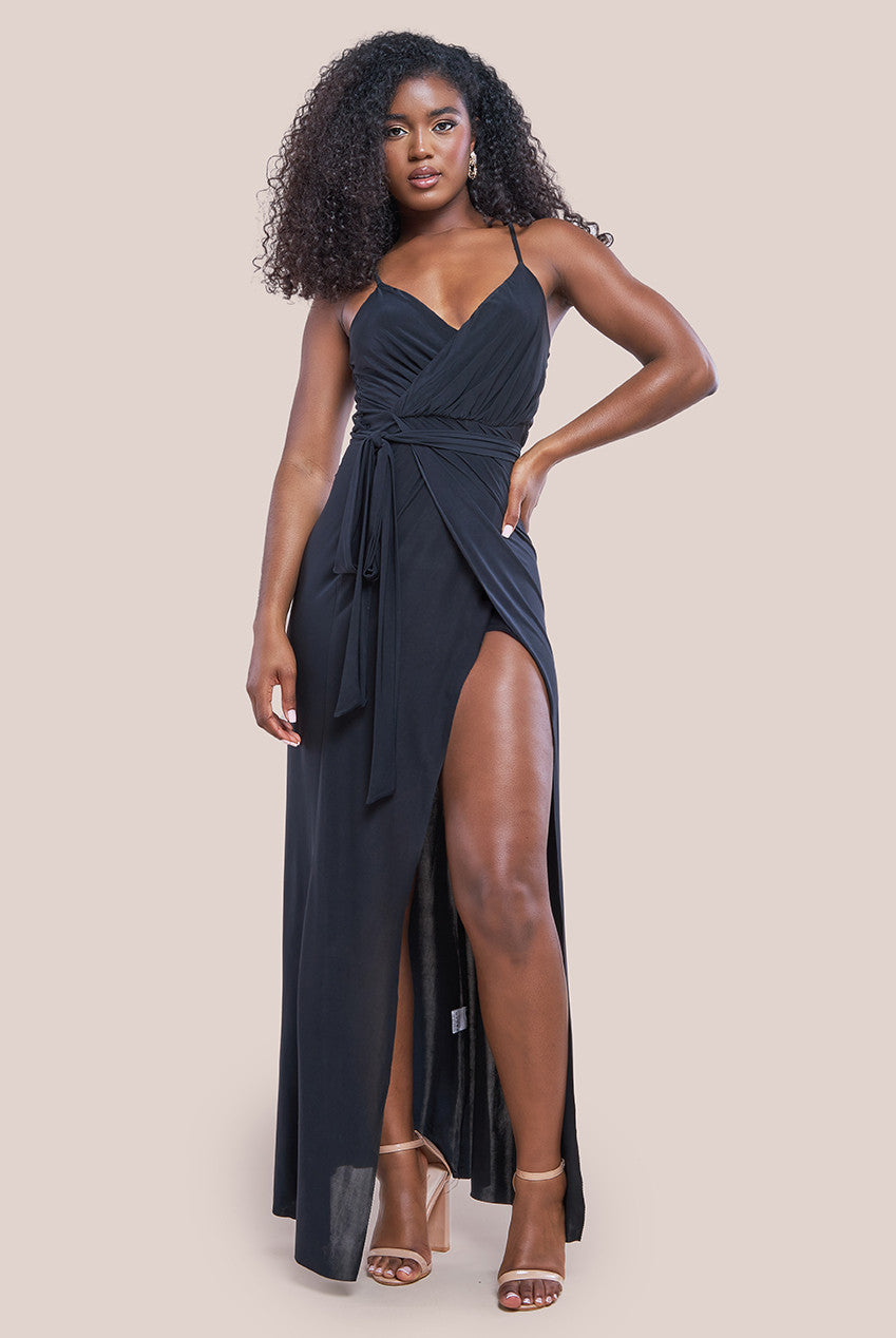 City Goddess Wrap Front Maxi Slip Dress With Waist Tie-Up - Black