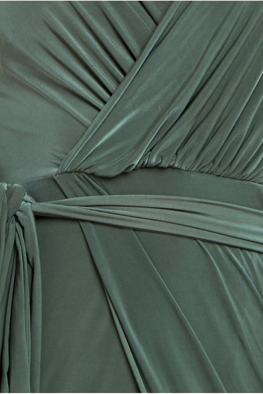 City Goddess Wrap Front Maxi Slip Dress With Waist Tie-Up - Olive Green