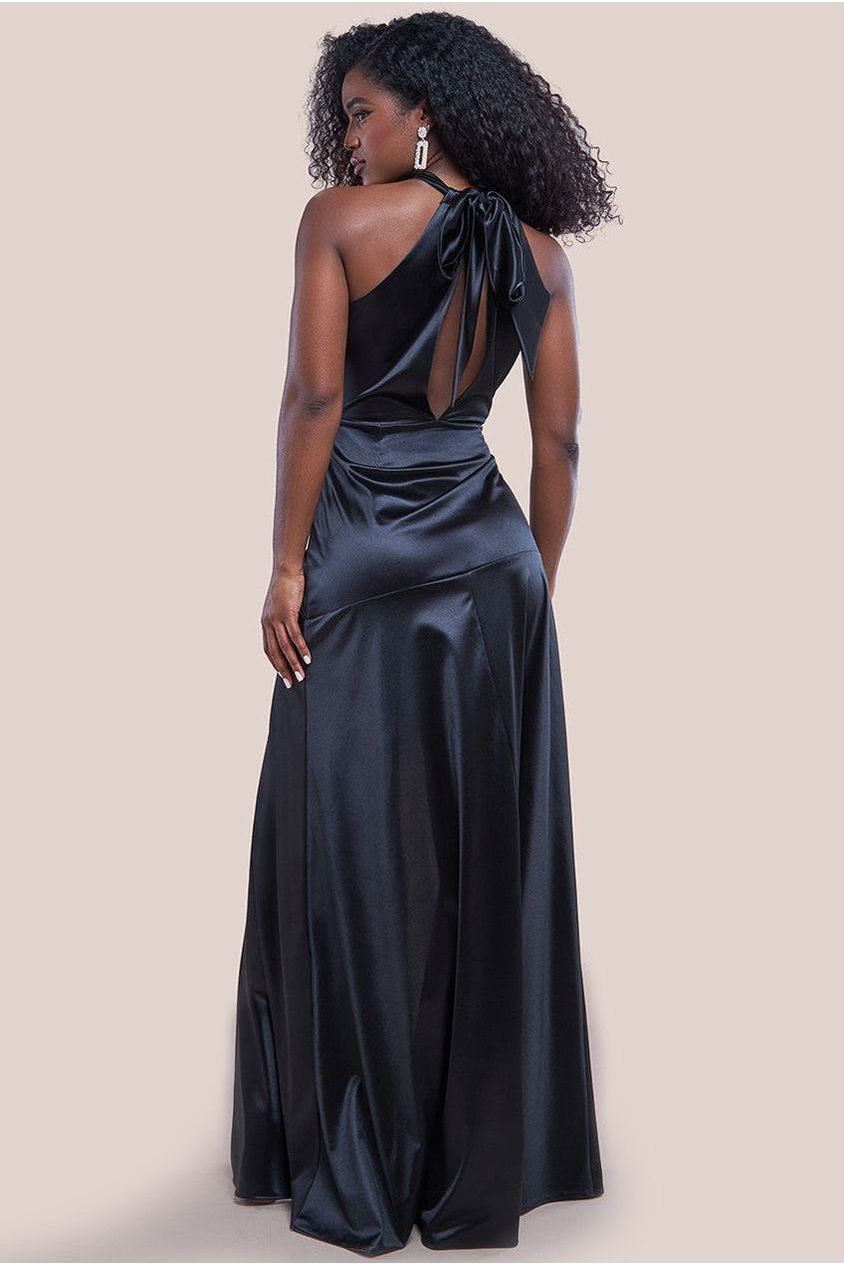 Goddiva Halter Neck Front Split Satin Maxi Dress - Black