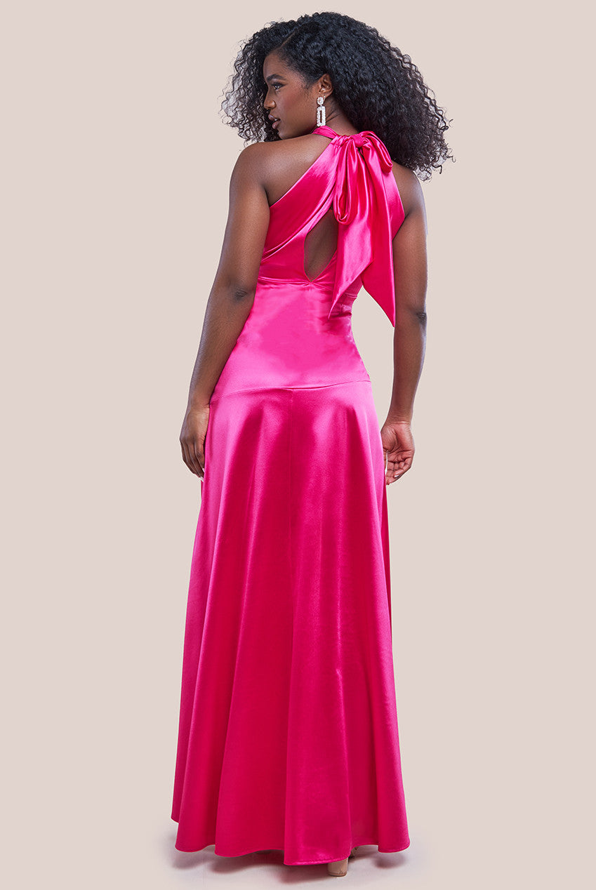 Goddiva Halter Neck Front Split Satin Maxi Dress - Magenta