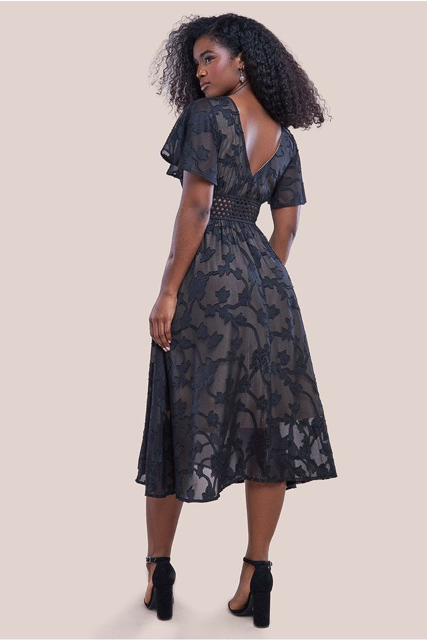 Goddiva Jacquard Lurex Burnout A Line Midi Dress - Black
