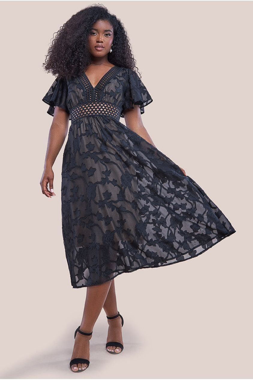Goddiva Jacquard Lurex Burnout A Line Midi Dress - Black