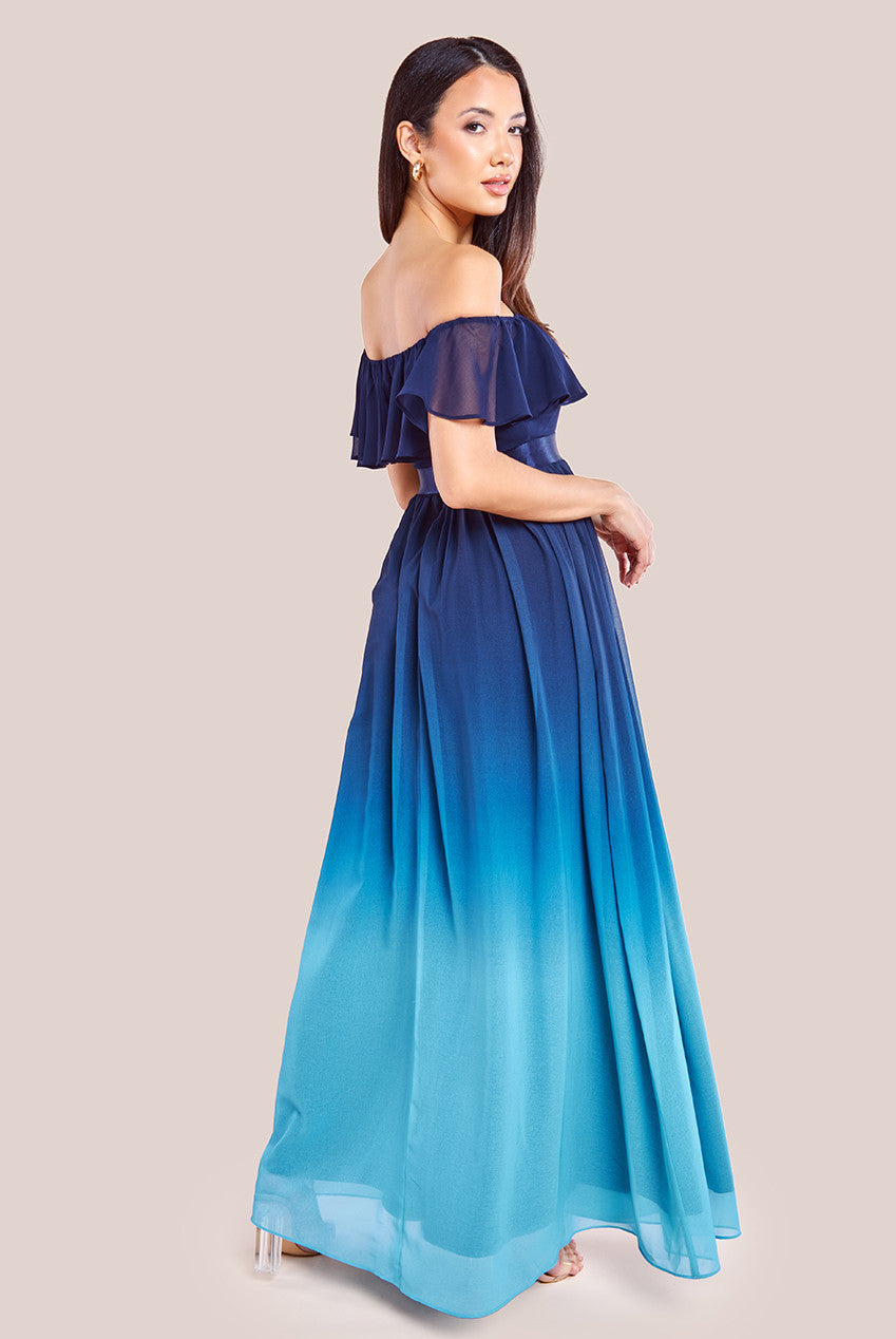 Goddiva Ombre Chiffon Bardot Frill A-line Maxi Dress - Navy Ombre