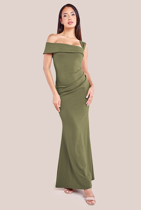 Goddiva Off The Shoulder Pleated Waist Maxi Dress - Khaki