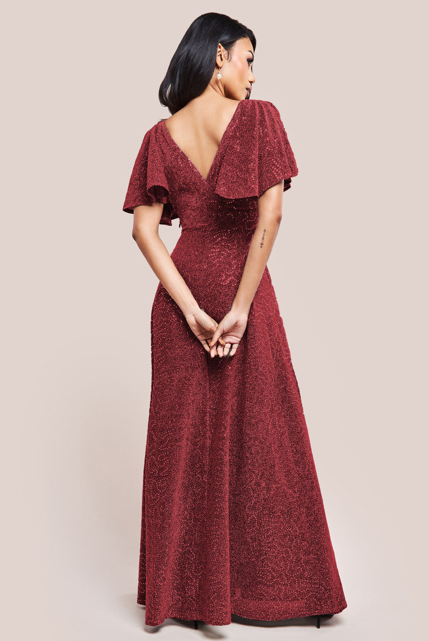 Goddiva Sequin Lurex Flutter Sleeve Maxi Dress - Wine