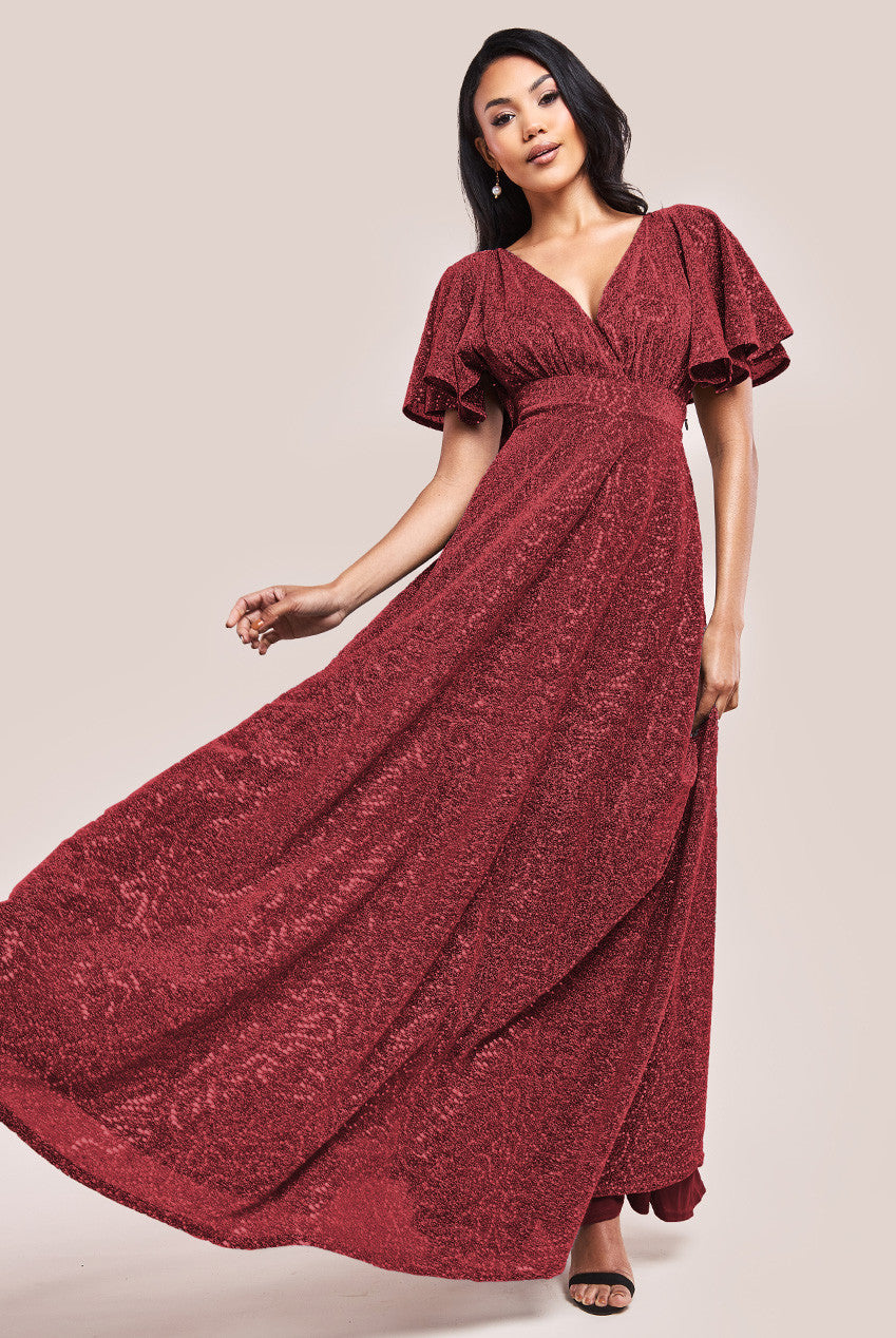 Goddiva Sequin Lurex Flutter Sleeve Maxi Dress - Wine