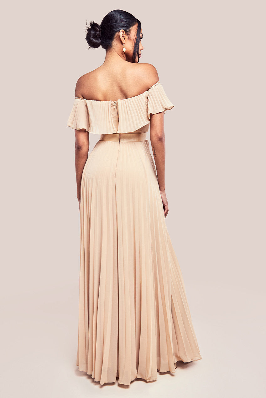 Goddiva Pleated Chiffon Off Shoulder Maxi Dress - Beige