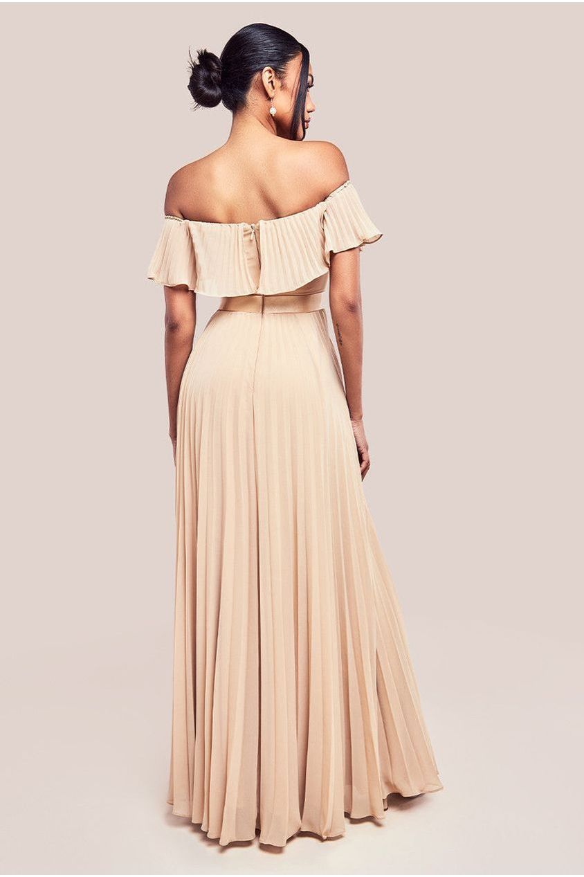 Goddiva Pleated Chiffon Off Shoulder Maxi Dress - Beige