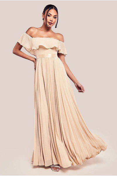 Beige - Goddiva Pleated Chiffon Off Shoulder Maxi Dress - Beige