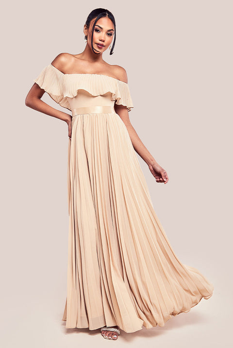 Goddiva Pleated Chiffon Off Shoulder Maxi Dress - Beige