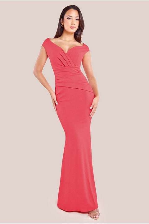 Goddiva Bardot Pleated Maxi Dress - Coral