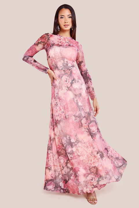 Goddiva Printed Soft Mesh A-Line Maxi Dress - Blush