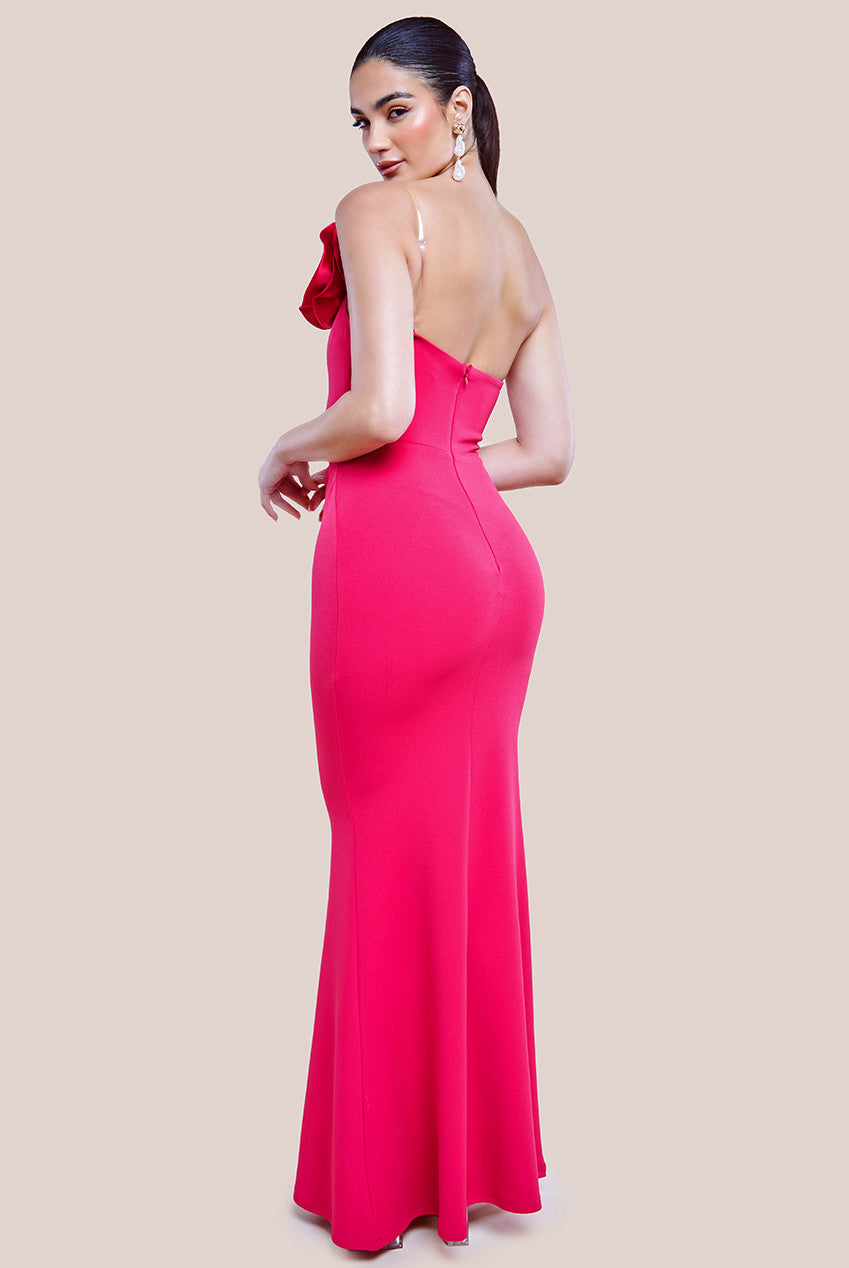 Goddiva Satin Corsage Scuba Crepe Maxi Dress - Magenta