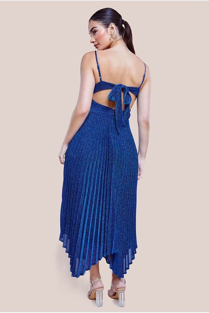 Goddiva Tie Back Pleated Lurex Skater Midi Dress - Royal Blue