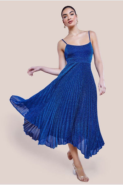 RoyalBlue - Goddiva Tie Back Pleated Lurex Skater Midi Dress - Royal Blue