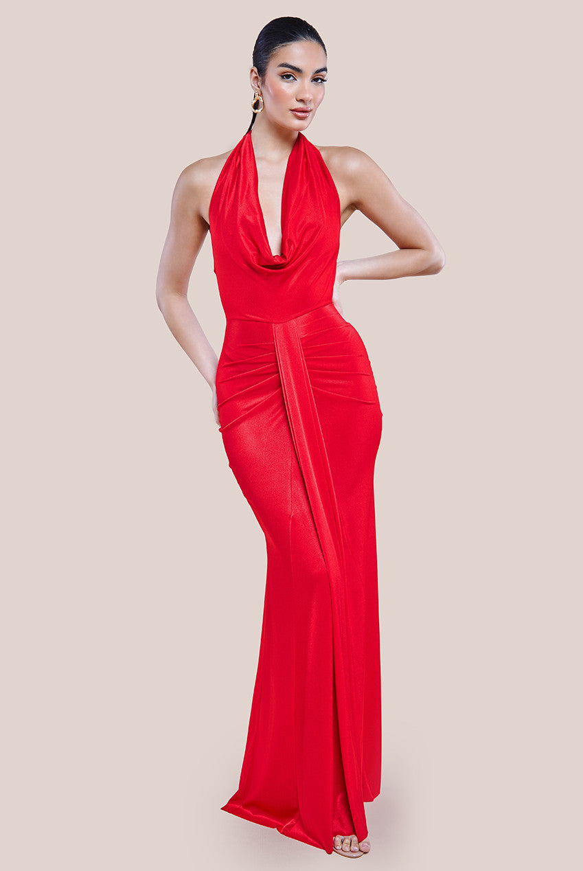 Goddiva Open Back Cowl Neck Maxi Dress - Red