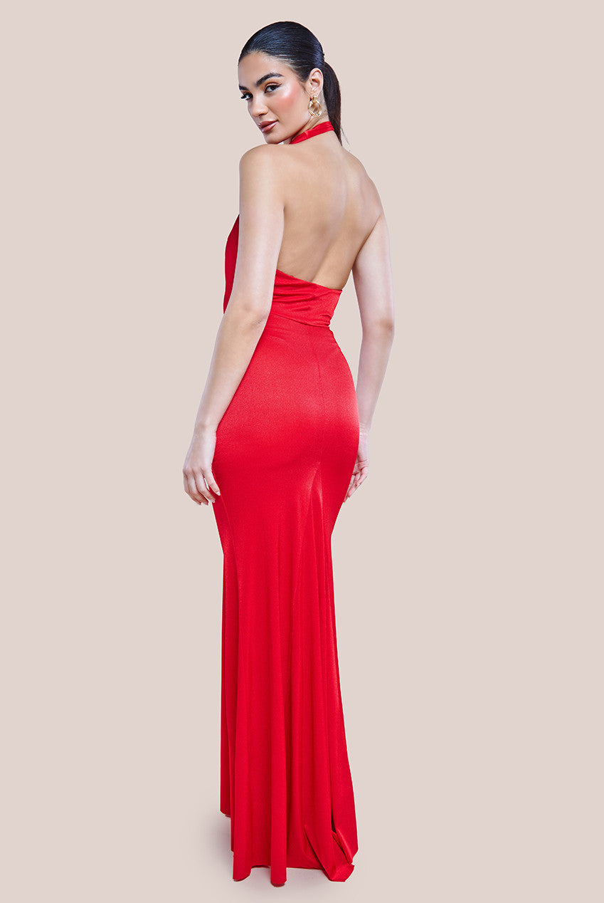 Goddiva Open Back Cowl Neck Maxi Dress - Red